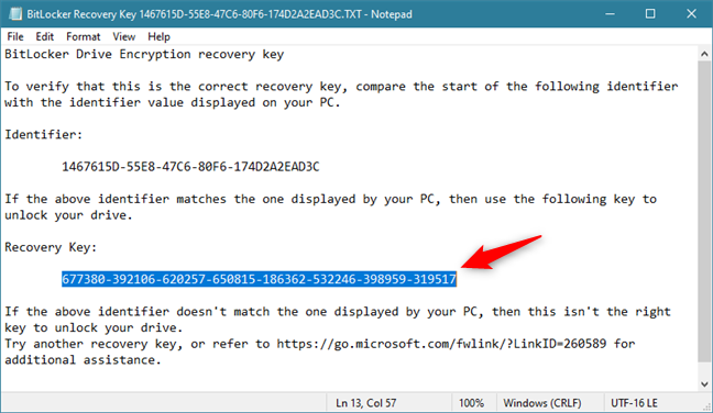 مفتاح استرداد BitLocker في ملف txt على محرك أقراص USB