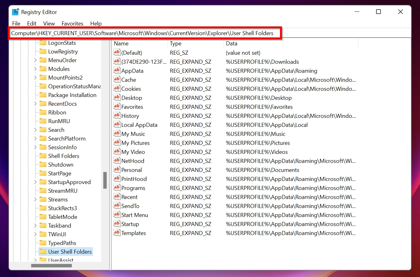 شاشة مجلدات User Shell في محرر سجل Windows.