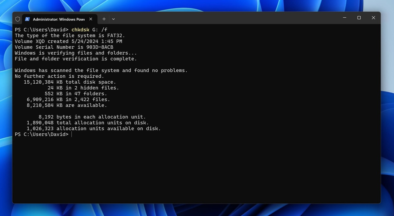 محطة ويندوز الطرفية chkdsk xqd