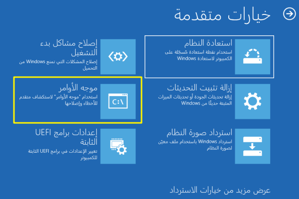 حدد موجه الإوامر في خيارات متقدمة في troubleshoot