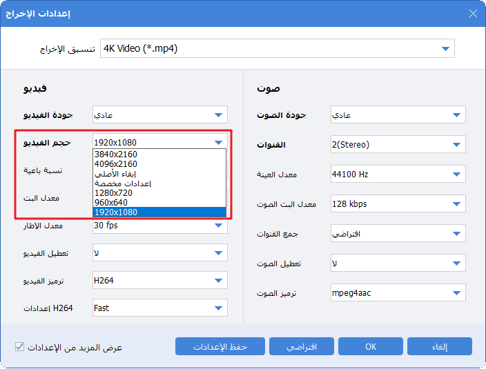 تحديد حجم الفيديو في إعدادات الإخراج