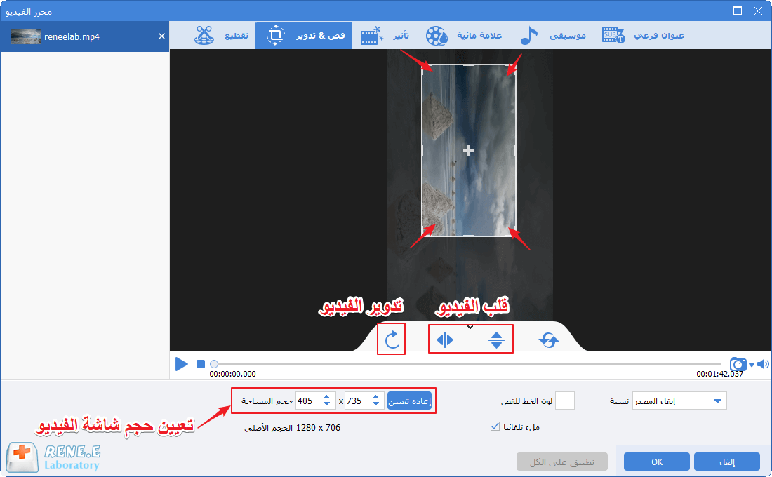 تدوير شاشة الفيديو وقلبها في محرر الفيديو رينيه برو