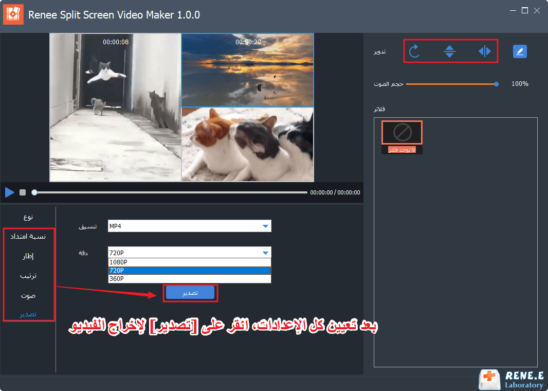 يقوم Renee Video Editor بتصدير الفيديو