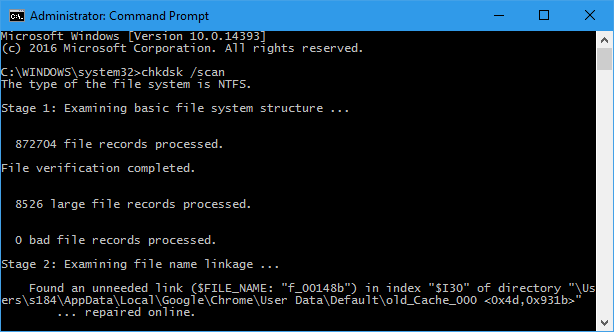 مسح موجه أوامر المسؤول chkdsk