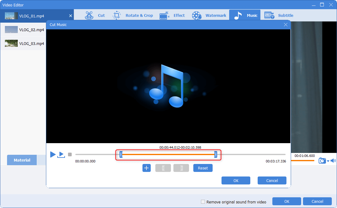 حرك شريط التمرير لتعيين الوقت لقص mp3