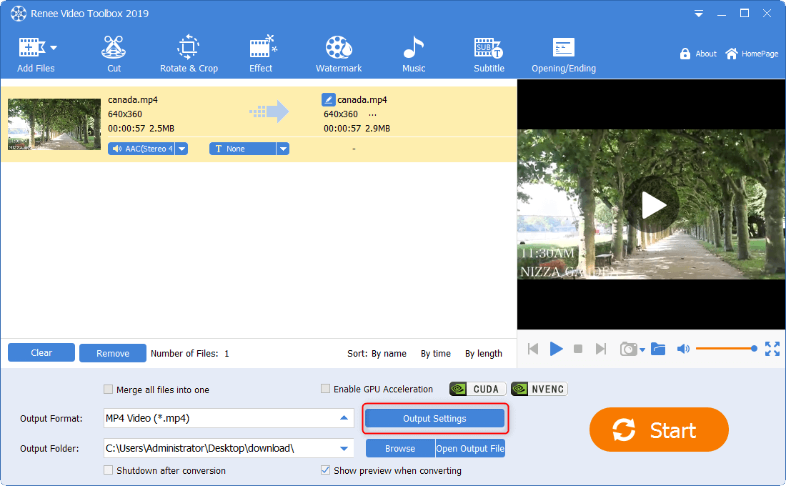 انقر فوق إعدادات الإخراج في برنامج Renee Video Editor Pro