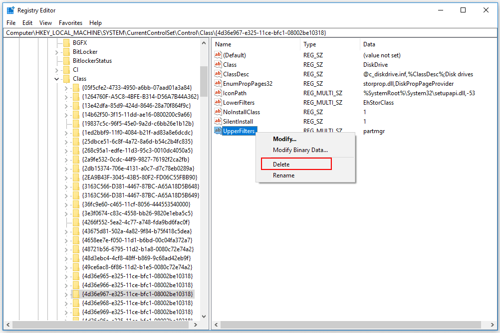 حذف قيمة التسجيل upperfilters في نظام التشغيل Windows 10