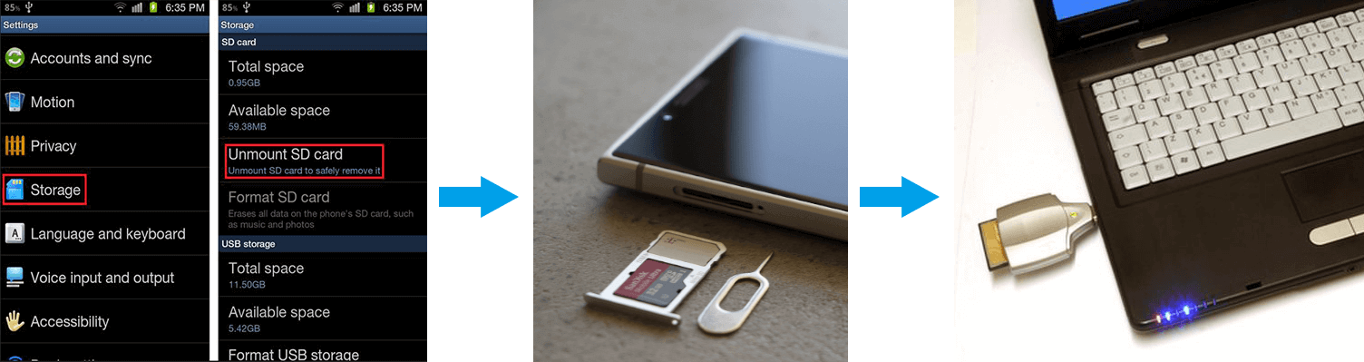 إلغاء تحميل بطاقة sd على هاتف Android وتوصيلها بجهاز الكمبيوتر