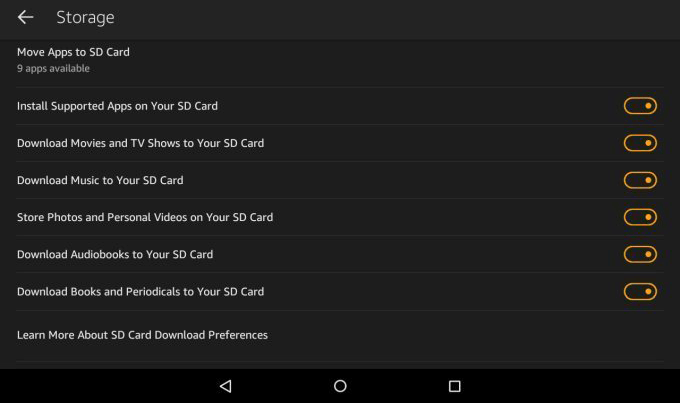 تمكين أو تعطيل حفظ بيانات Kindle Fire لحفظها في بطاقة sd
