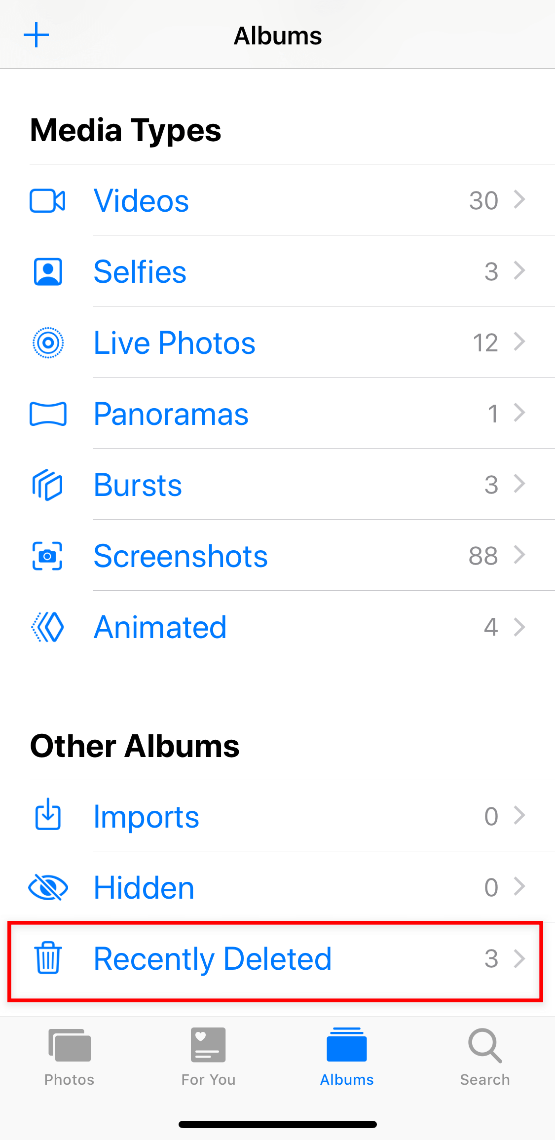 خيار البحث عن المحذوفة مؤخرًا في ألبومات الآيفون