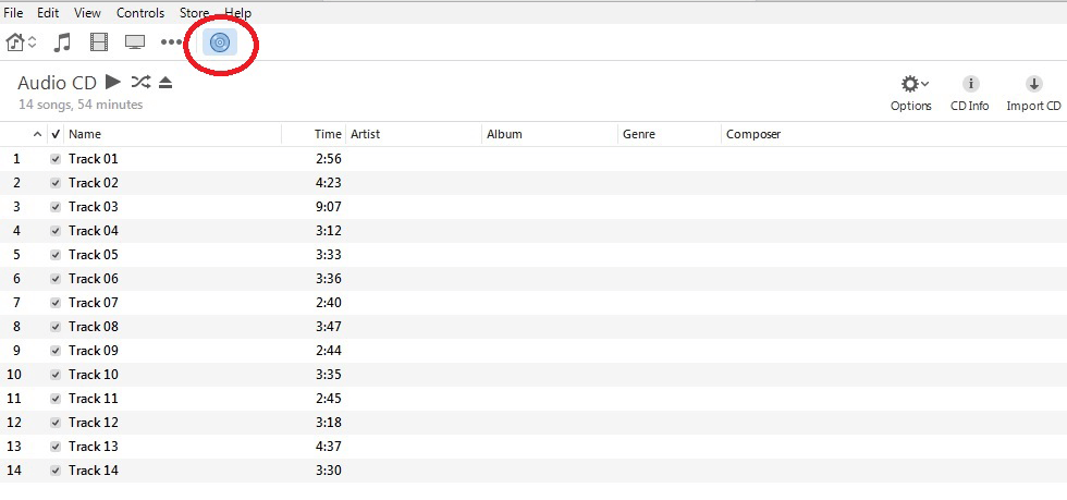 انقر فوق الزر لاستيراد قرص CD إلى itunes للاستيراد