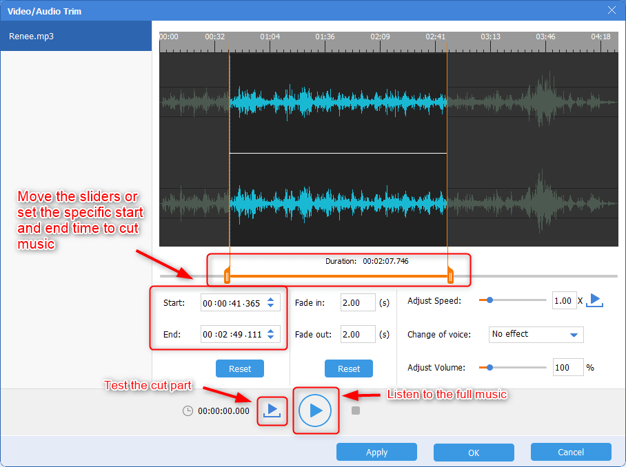 قص واختبار الموسيقى المقطوعة في Renee Audio Tools