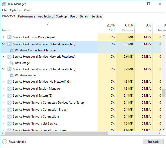 إنهاء المهمة في العنصر svchost.exe مضيف الخدمة: النظام المحلي (الشبكة مقيدة)