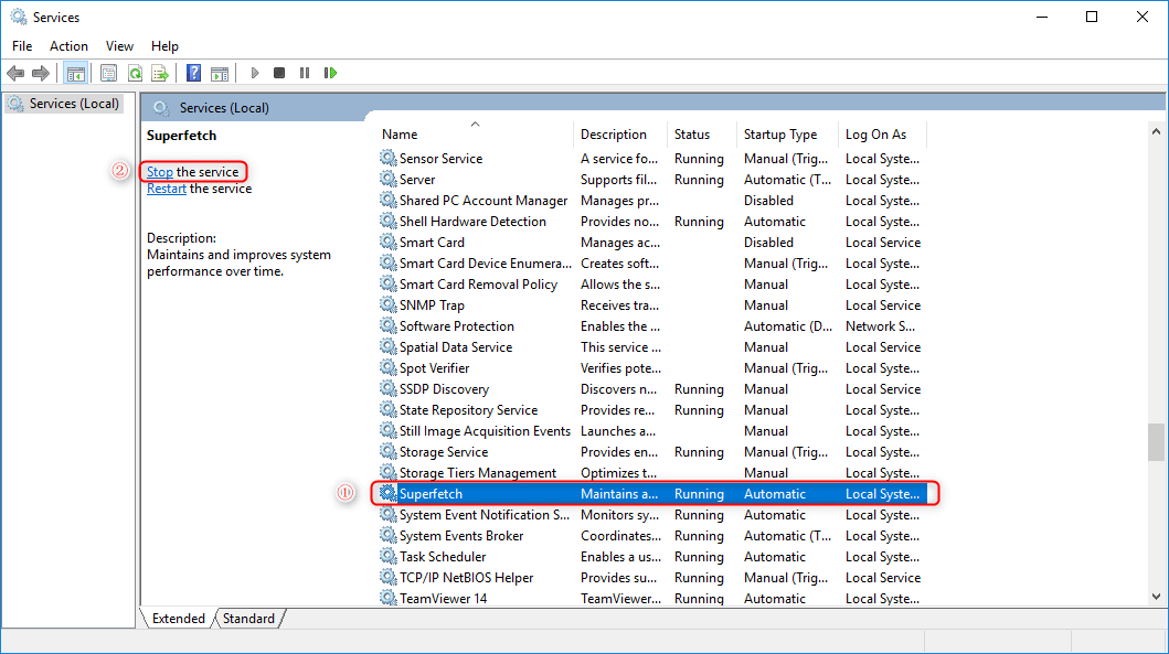 إيقاف تشغيل superfetch في الخدمات لإصلاح الخطأ مضيف الخدمة svchost.exe: النظام المحلي (الشبكة مقيدة)