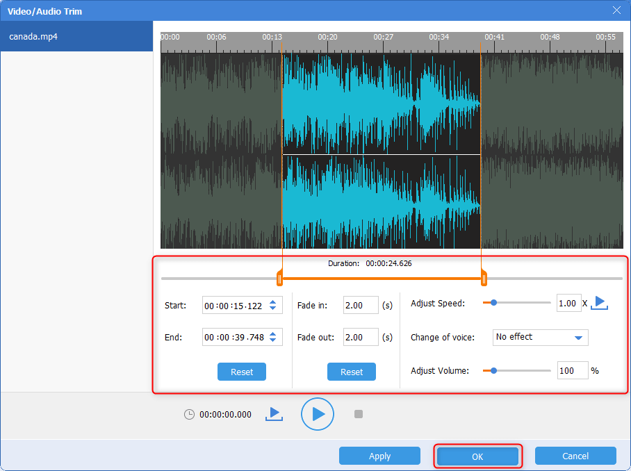 قص صوتيات mp4 قبل التحويل إلى mp3 في Renee Audio Tools