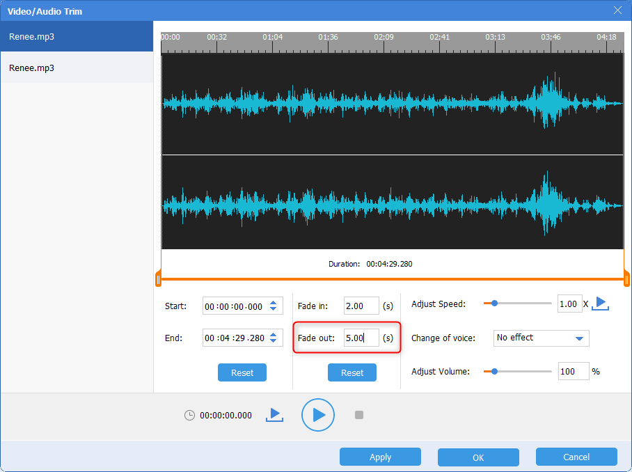 إضافة تأثير التلاشي إلى الأغنية الأولى باستخدام Renee Audio Tools