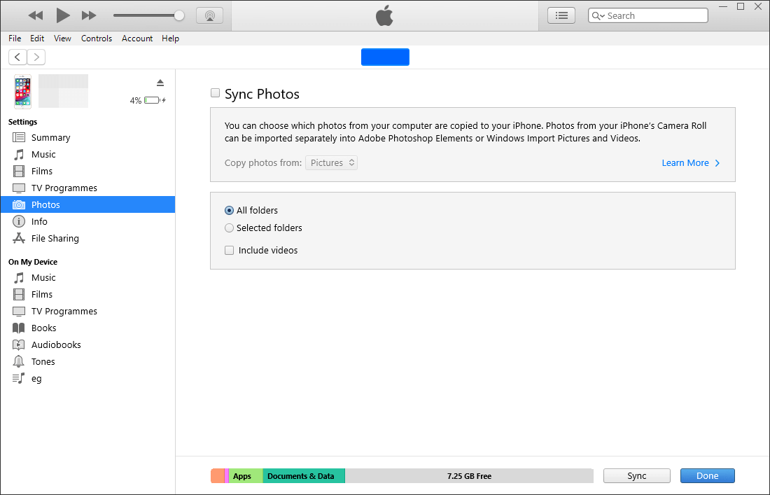 انتقل إلى صور iTunes وقم بالمزامنة