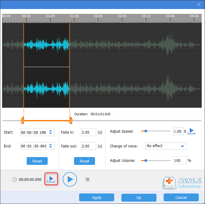 استمع إلى الجزء بعد قصه في Renee Audio Tools