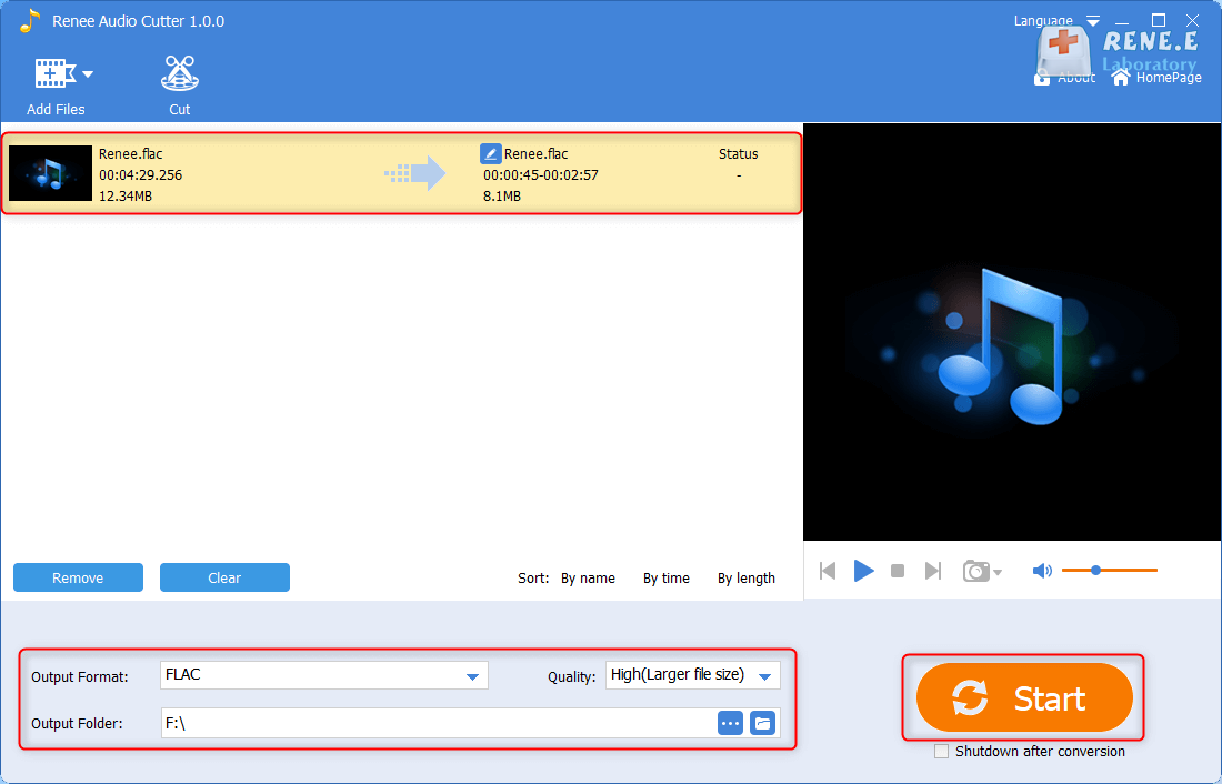 ابدأ في إخراج وحفظ ملف flac المقطوع في برنامج Renee Audio Cutter لتحويل youtube إلى flac عبر الإنترنت مجانًا