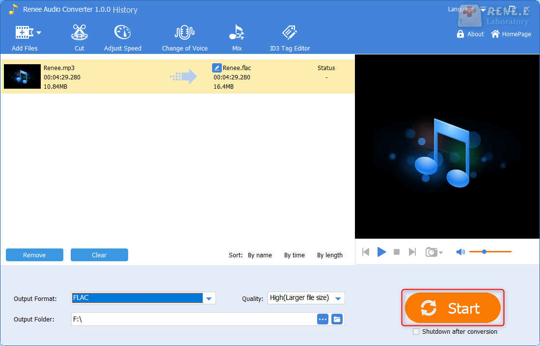 تحويل mp3 إلى flac في محول الصوت رينيه