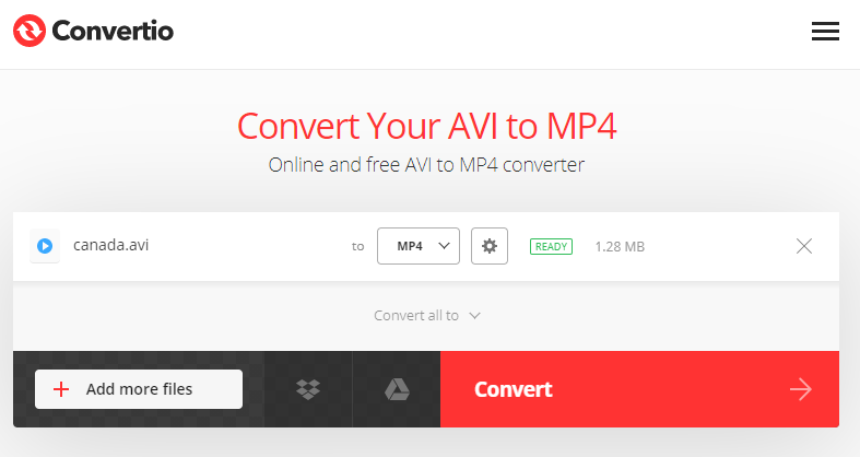 تحويل avi إلى mp4 على convertio