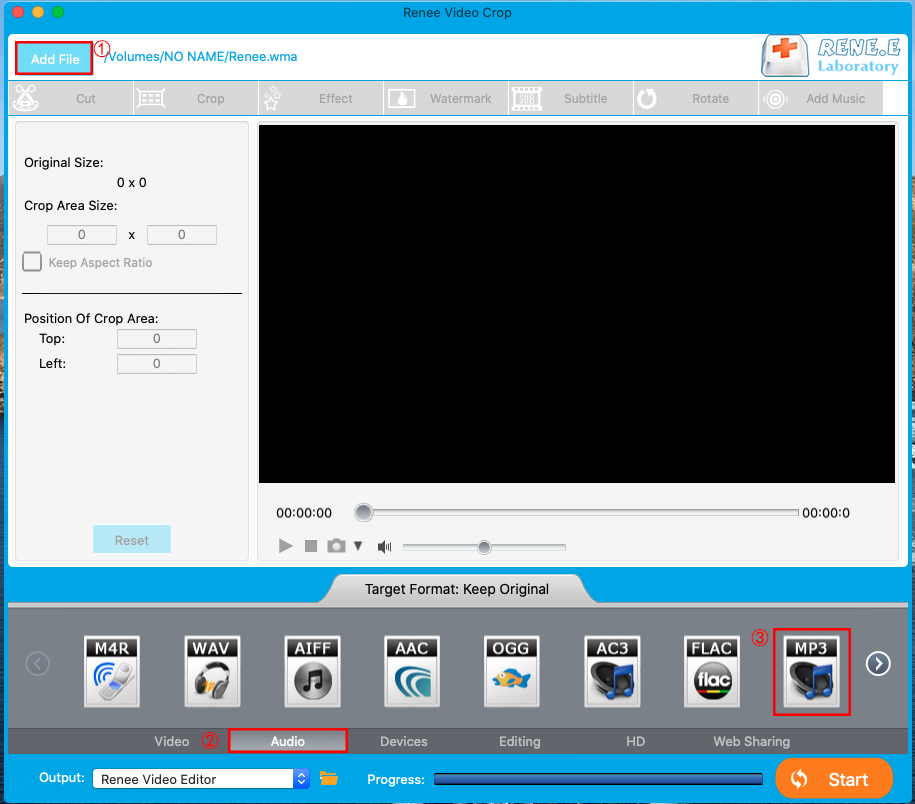 تحويل wma إلى mp3 على ماك رينيه Renee Video Editor